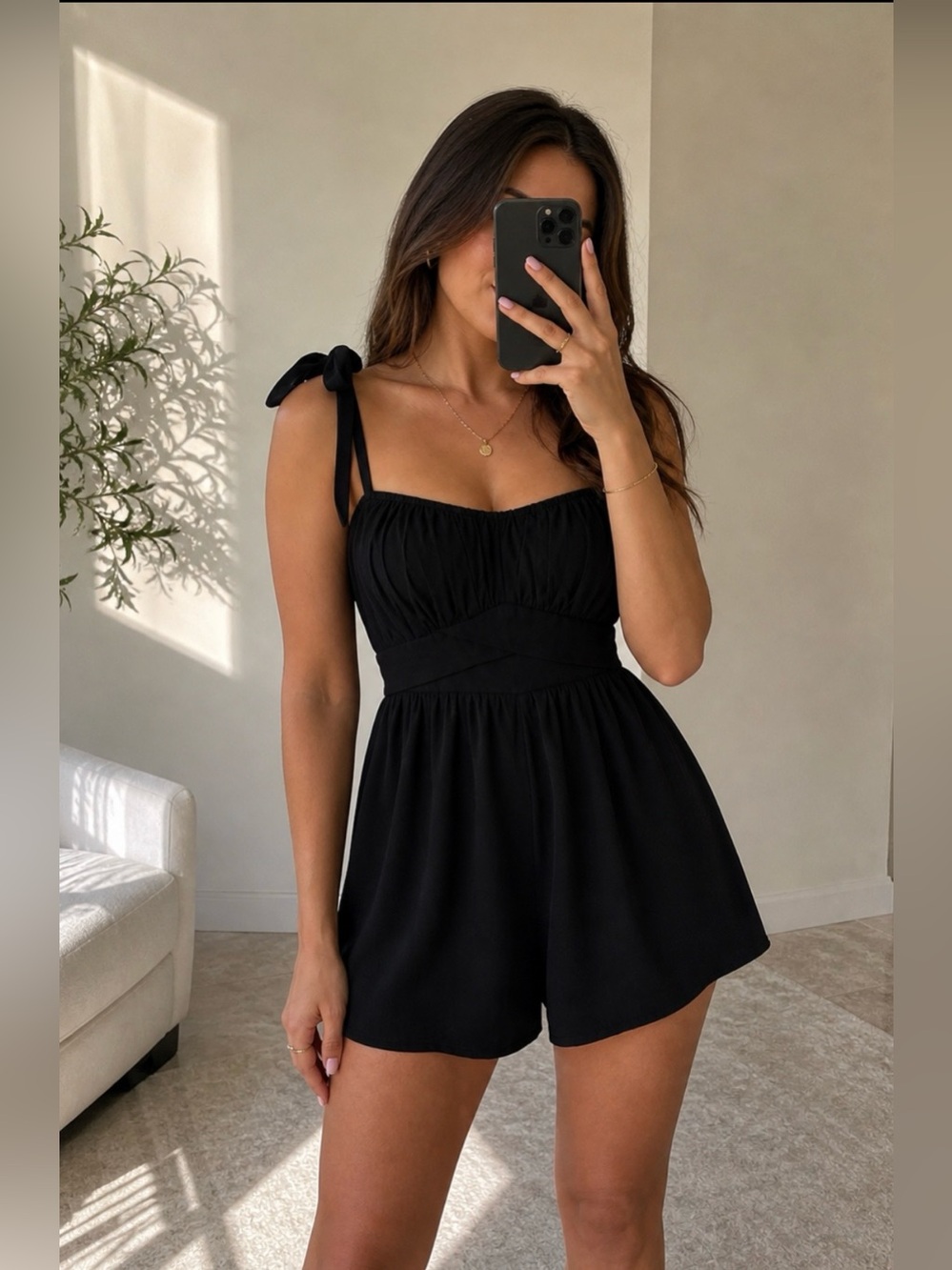 Altar'd State Black Tie-Shoulder Romper with Ruched Bodice Size M
